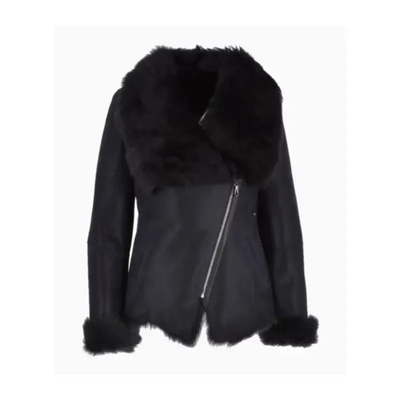 Womens Black Leather Shearling Jacket Trench Coat Raincoat Waterproof Jacket