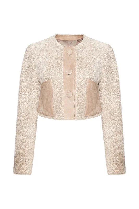 Lily Women's Teddy Curly Shearling Cropped Jacket - Beige Stand-Up Collar Roll-Neck Collar Turtle Neck Lily Women's Teddy Curly Shearling Cropped Jacket - Beige Stand-Up Collar Roll-Neck Collar Turtle Neck