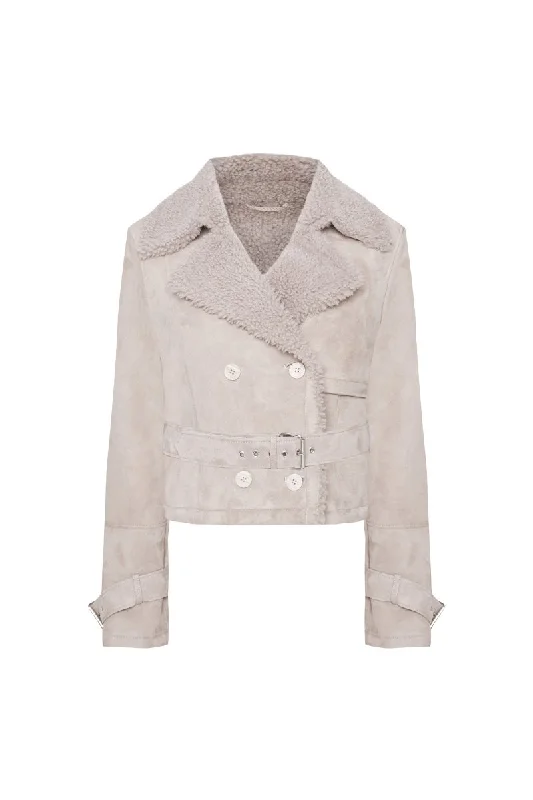 Sara Women's Curly Shearling Jacket - Rhino Gray Zippered Front Buttoned Front Snap Front Sara Women's Curly Shearling Jacket - Rhino Gray Zippered Front Buttoned Front Snap Front