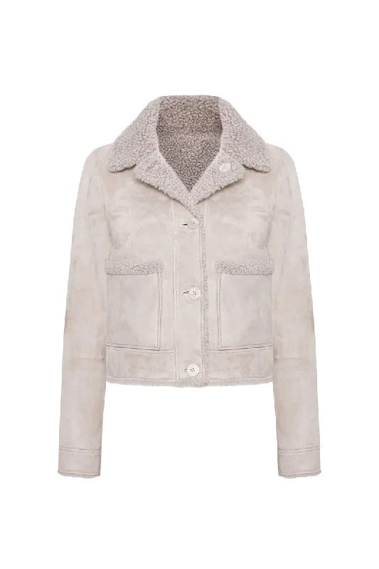 Serena Women's Curly Shearling Jacket - Rhino Gray Front Pockets Side Pockets Patch Pockets Serena Women's Curly Shearling Jacket - Rhino Gray Front Pockets Side Pockets Patch Pockets