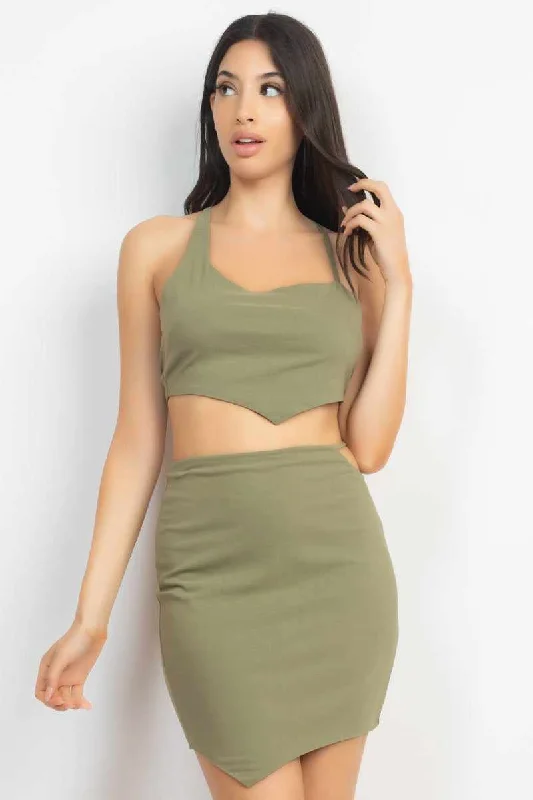 Asymmetrical Cross Back Top & Skirts Set denim skirt fashionable