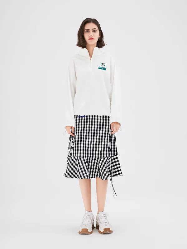 Black and White Gingham Graphic Print Fishtail Skirt silk skirt lustrous