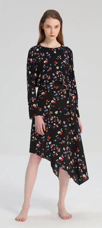 Black Silk Floral Skirt