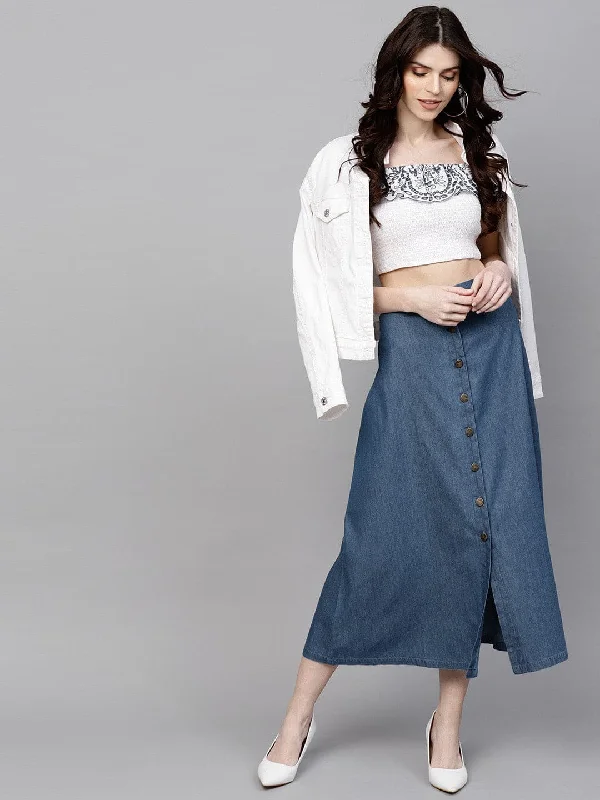 Blue Denim Longline Buttoned Skirt chiffon skirt airy