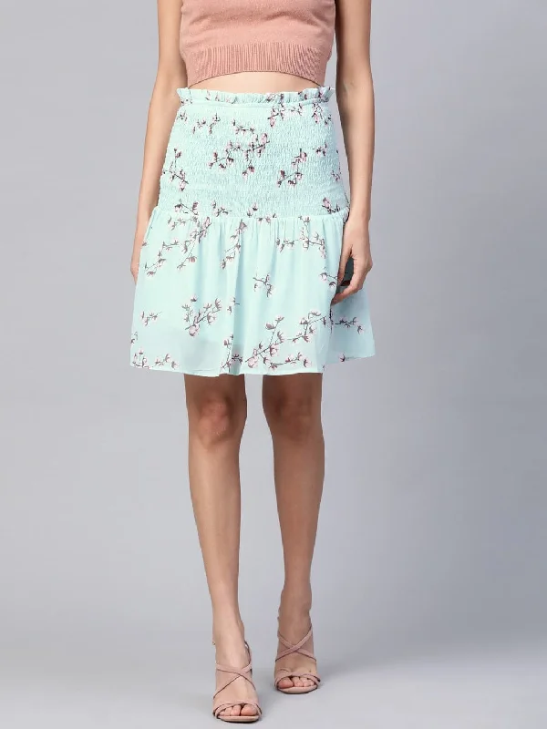 Blue Floral Smocked Mini Skirt lace skirt elegant