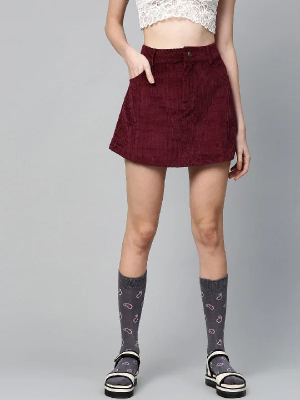 Burgundy Corduroy A-Line Mini Skirt denim skirt fashionable