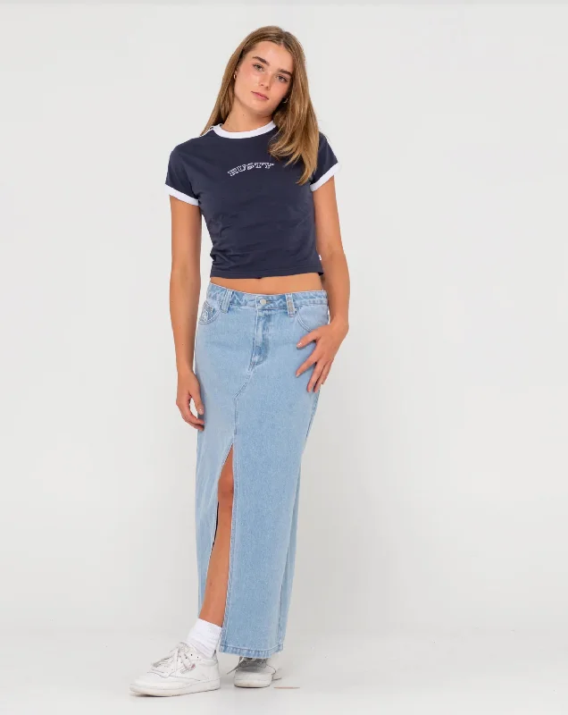 Celeste Low-Rise Denim Maxi Skirt denim skirt casual