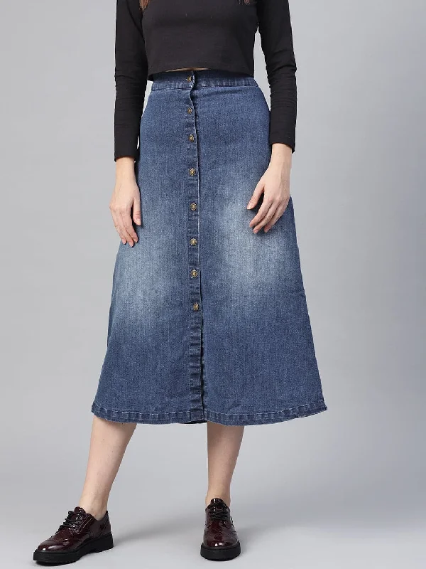 Denim Blue Washed Long Buttoned Skirt mini skirt trendy