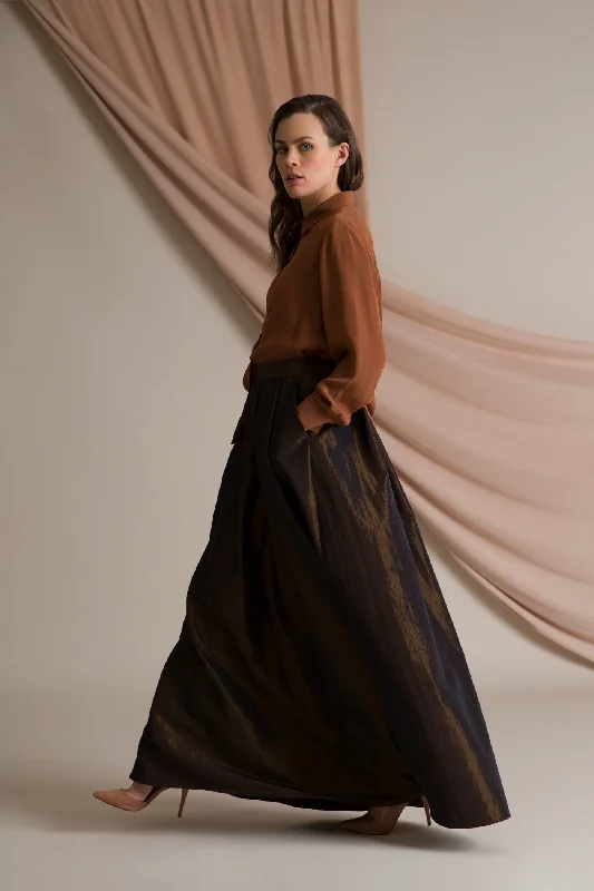 Elena Wide Hem Maxi Skirt Dark Brown denim skirt durable