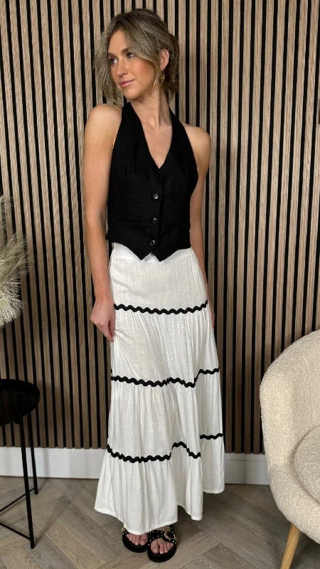 Evelyn White & Black Trimmed Midi Skirt lace skirt romantic