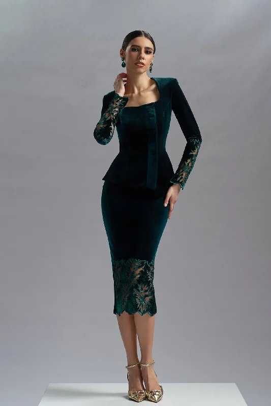 Green velvet top with midi skirt linen skirt breathable