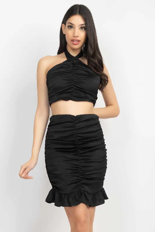Halter Neck Crop Top & Skirts Set lace skirt intricate