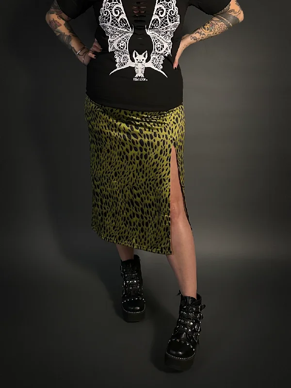 High Slit Animal Print Patterned Midi Stretch Skirt in Green & Black corduroy skirt cozy