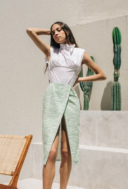 Iris Zebra Asymmetrical Skirt Green high slit skirt