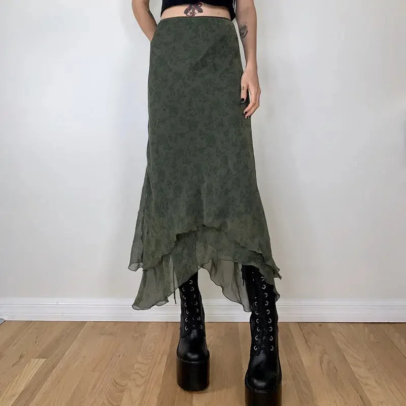 'Jade' Grunge Fairy Chiffon Midi Skirt pleated skirt texture