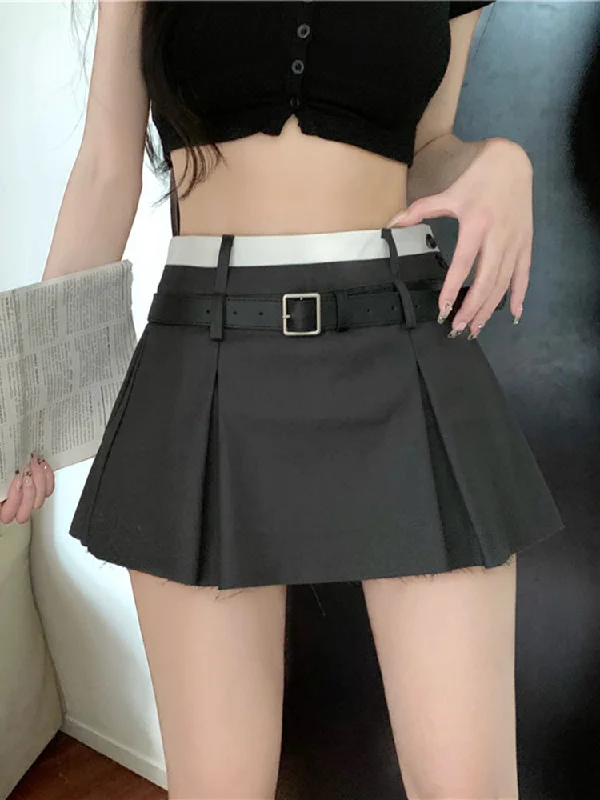 Joanna Contrast Color High Waist Culottes Pleated Preppy Belt A-Line Mini Skirt zip skirt side