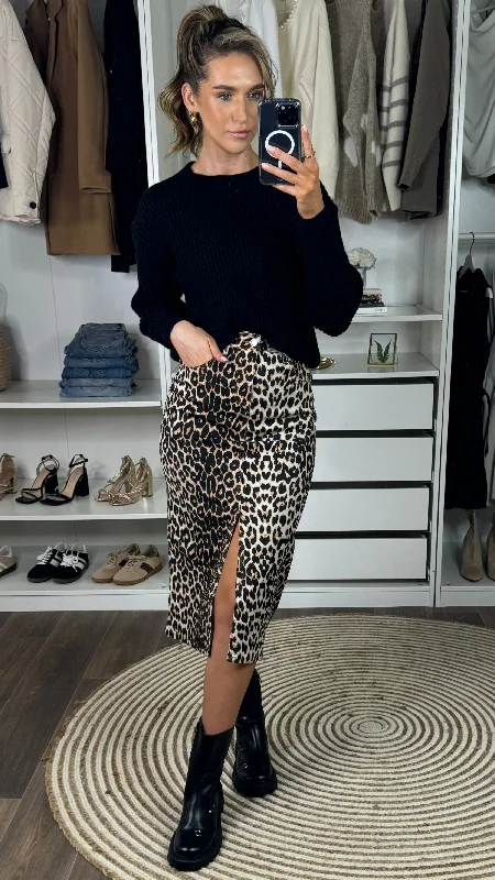 Kirbie Beige & Black Leopard Print Denim Midi Skirt