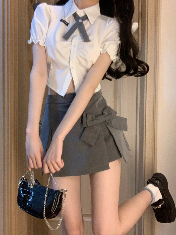 Kumi Solid Color White Bow Necktie Short Sleeve Button Up Cropped Shirt + High Waist Faux Side Slit High Waist Boe Patchwork Mini Skirt Matching Set