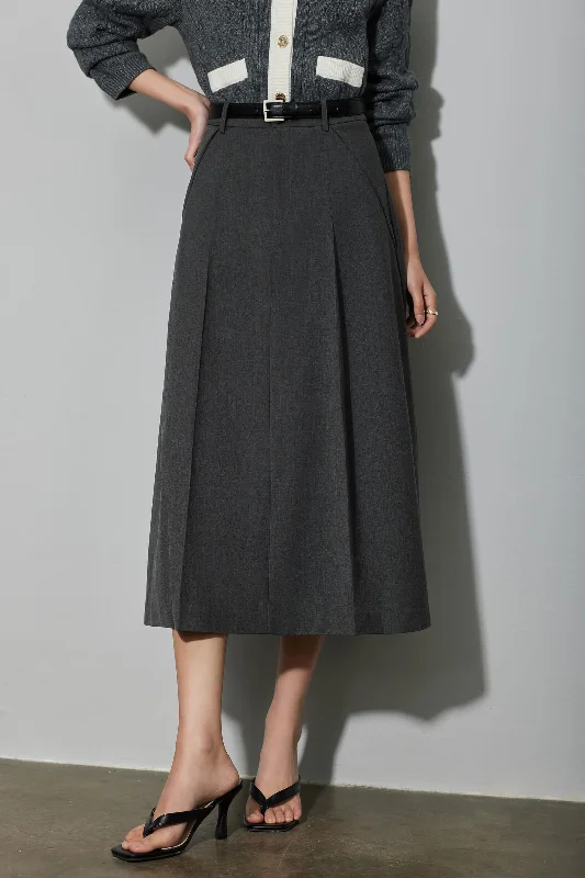 LILY Elegant Belted High-Waisted A-Line Skirt wool skirt sturdy