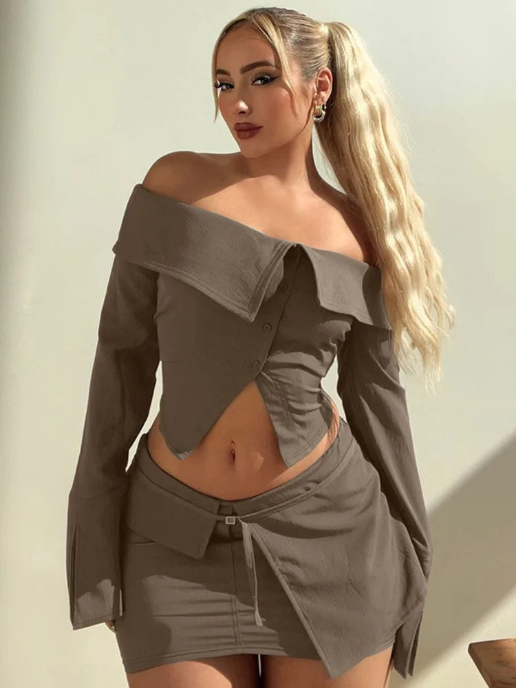 Lunivop Sexy Two Piece Sets Women Off-shoulder Long Sleeve T-shirt And Mini Skirt Matching Sets Backless Sexy 2 Piece Sets corduroy skirt cozy