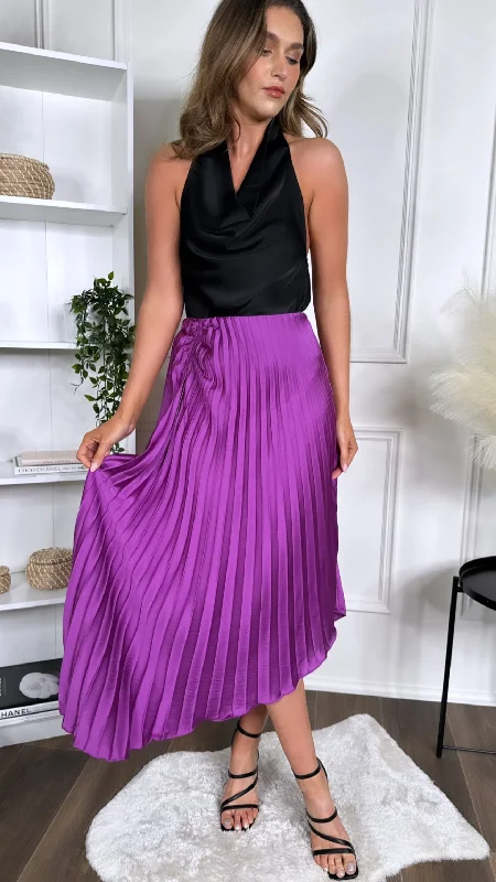 Maelle Purple Pleated Ruched Detail Midi Skirt leather skirt sleek