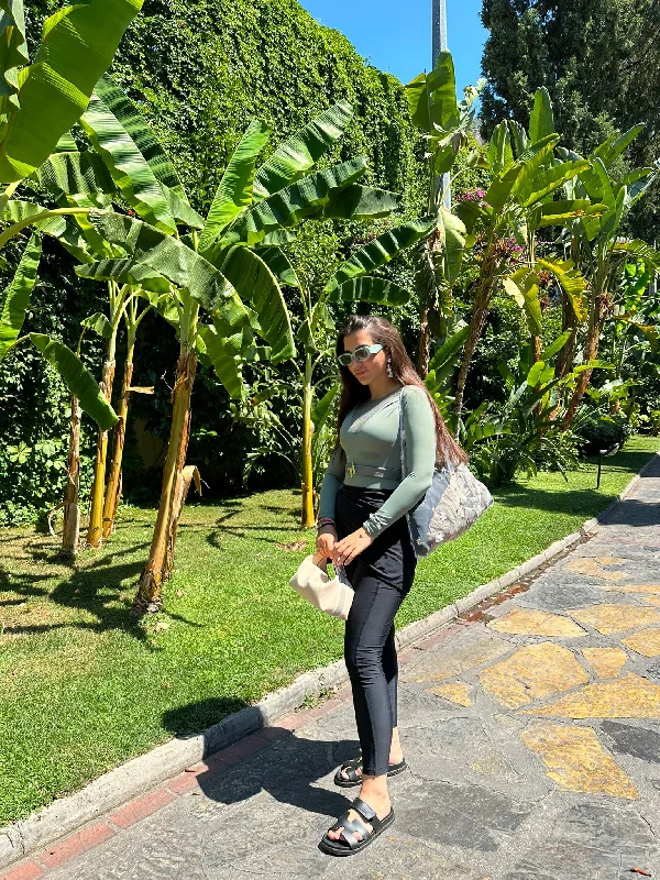 Maraya Sage with Black Leggings & Skirt linen skirt light