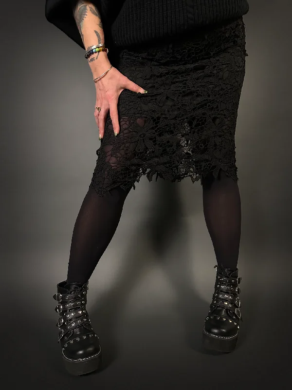 Mid-rise Two-layer Midi Skirt with Lace Overlay - Goth Style asymmetrical skirt cut
