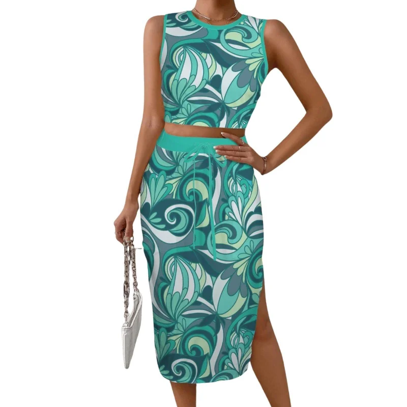 Mima Sleeveless Crop Top & Drawstring Pocket Slit Skirt Set wool skirt thick