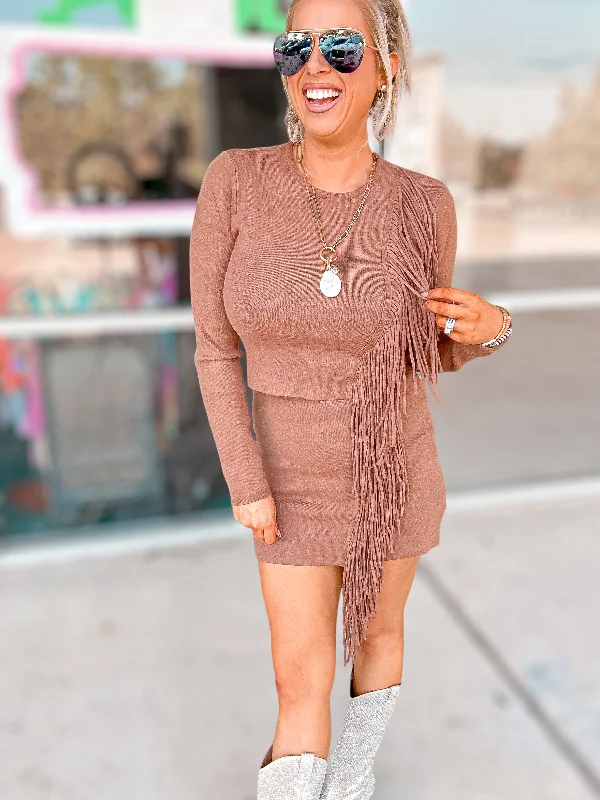 Penelope Fringe Detail Knit Top/Mini Skirt Set-Coco-FINAL SALE velvet skirt plush