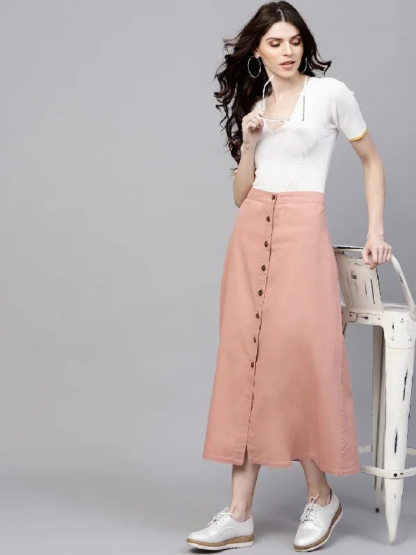 Pink Denim Longline Buttoned Skirt zip skirt side