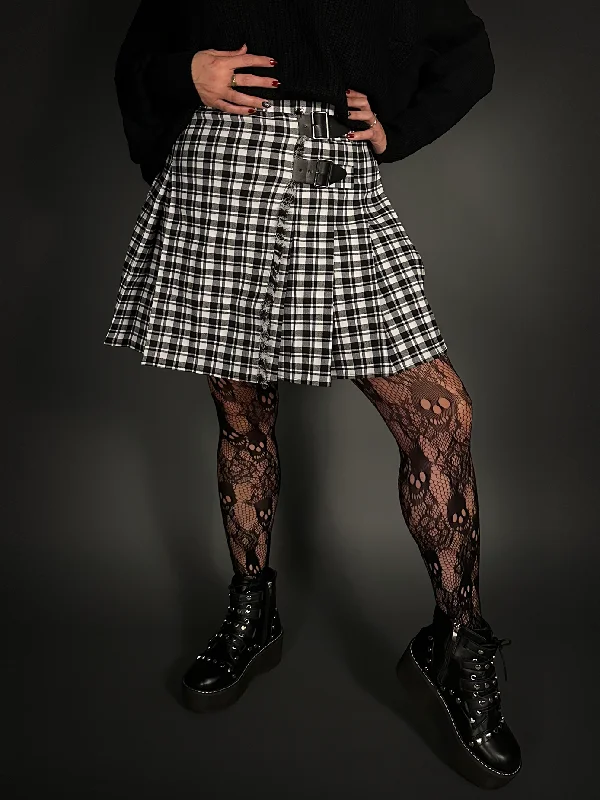 Plaid Mini Skirt with Black Front Straps High Waist Pleated in Black & White corduroy skirt cozy Plaid Mini Skirt with Black Front Straps High Waist Pleated in Black & White corduroy skirt cozy