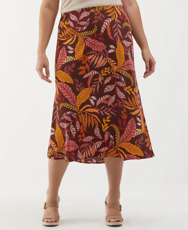 Plus Size Leaf Print Shine Midi Bias Skirt