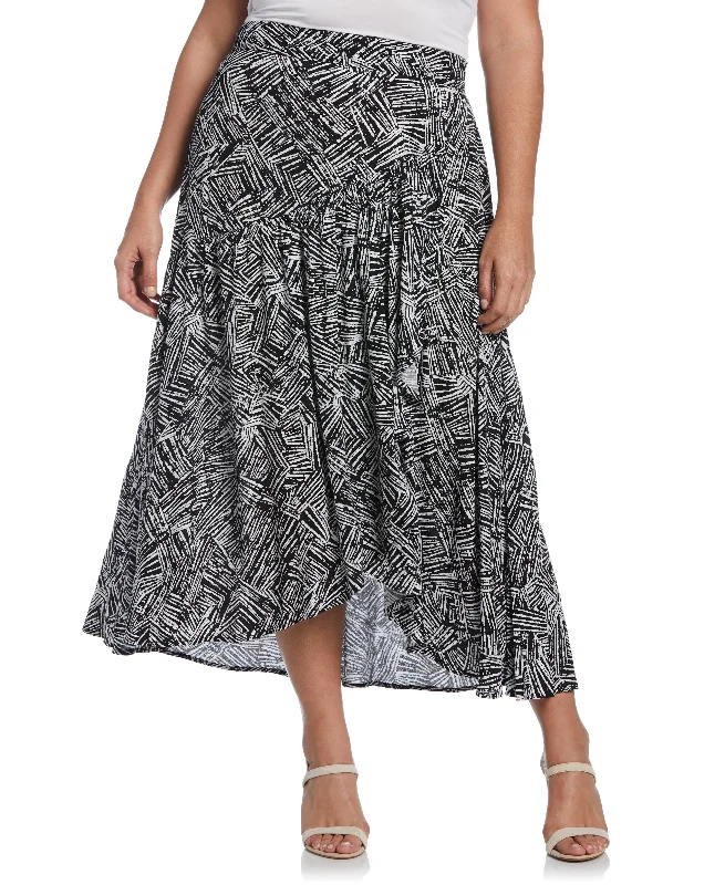 Plus Size Printed Crepe Faux Wrap Skirt