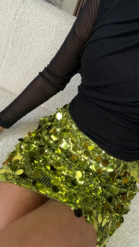 Shaina Olive Green Sequin Disc Mini Skirt