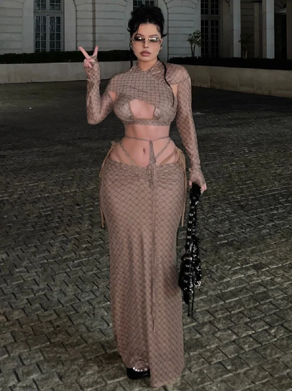 SYNEZ Monogram Print Slim Long Sleeve Front Cross Cropped Top + Two Piece Bikini Set + V-Waist Pleated Long Slim Skirt Matching Set asymmetrical skirt cut