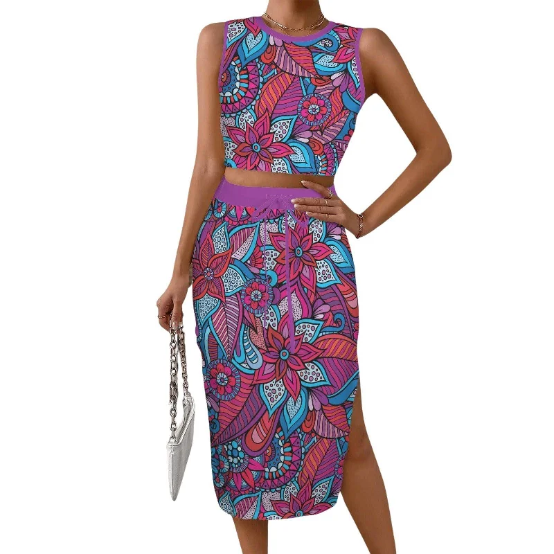 Viaje  Sleeveless Crop Top & Drawstring Pocket Slit Skirt Set silk skirt luxurious