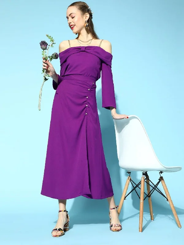 Purple Side Slit Ruched A-Line Skirt chiffon skirt flowing