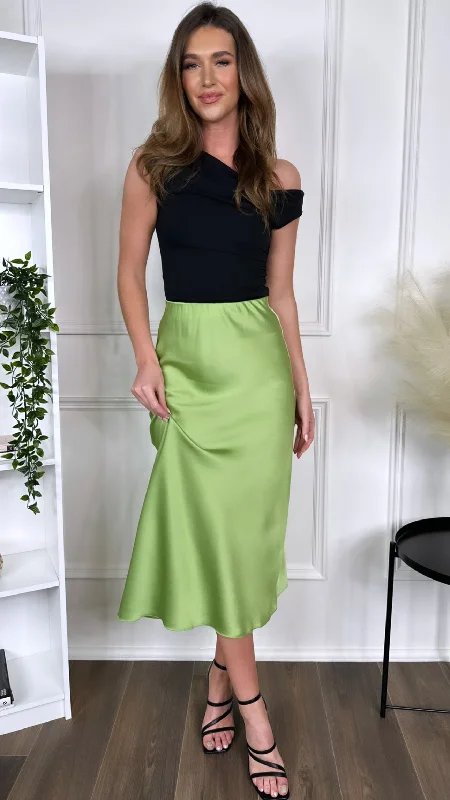 Yaella Light Green Midi Skirt silk skirt lustrous