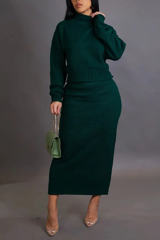 Elegant High Neck Sweater & Skirt Set belted skirt waist