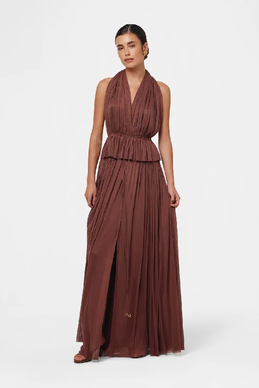 Brown Silk Skirt & Top Set ruffled skirt detail