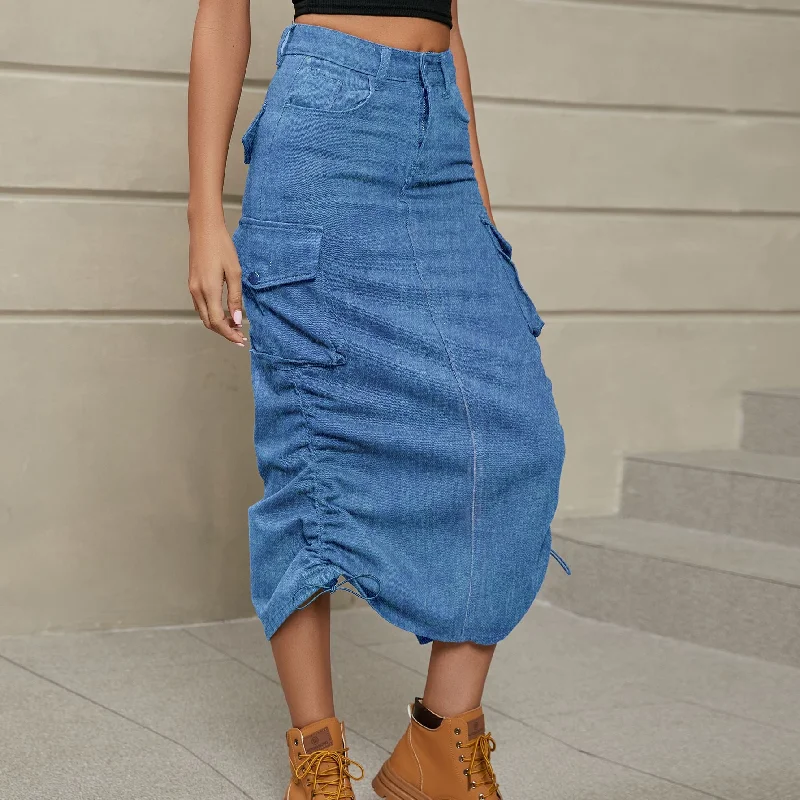 Drawstring Ruched Slit Denim Midi Skirt slim fit skirt