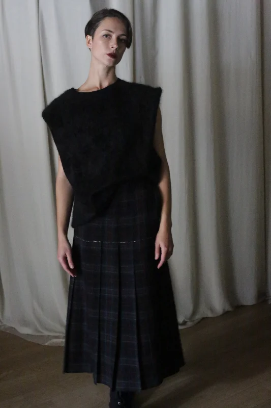 Hand Pleated Wrap Skirt | Japanese Wool Gauze Forest Plaid asymmetrical skirt cut