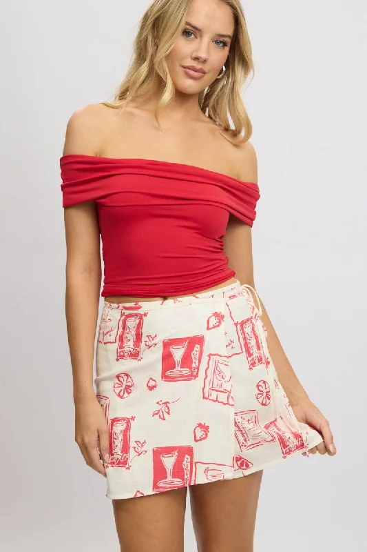 White Abstract Wrap Skirt High Rise Mini Linen Blend elastic waist skirt